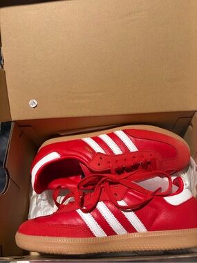 adidas Red Leather Sneakers with White Stripes and Gum Sole